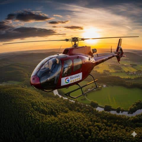 Roter Helikopter mit 5-Sterne Reviews Aufkleber fliegt bei Sonnenuntergang über Wald, Fluss und Felder in goldener Abendstimmung.