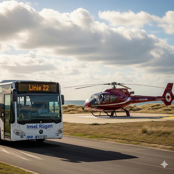 Linienbus mit Ziel Linie 22 fährt vor rotem Helikopter auf Landeplatz, Sanddünen und Meer im Hintergrund auf der Insel Rügen.