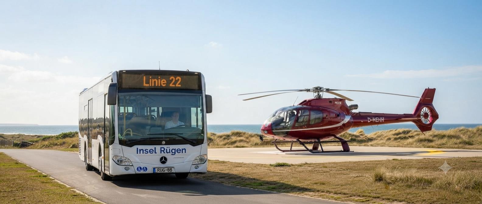 Anreise mit dem Bus zum Heliport Rügen