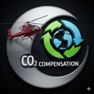 Roter Helikopter vor Logo mit Erde, grünen Recycling-Pfeilen und Schriftzug „CO₂ COMPENSATION“ auf dunklem Hintergrund.
