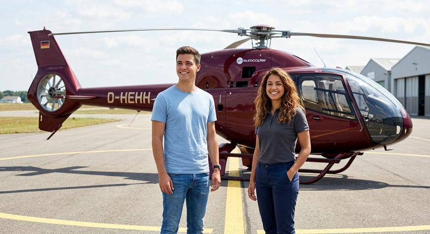 Zwei Piloten vor dem R&uuml;gen-Helikopter EC120