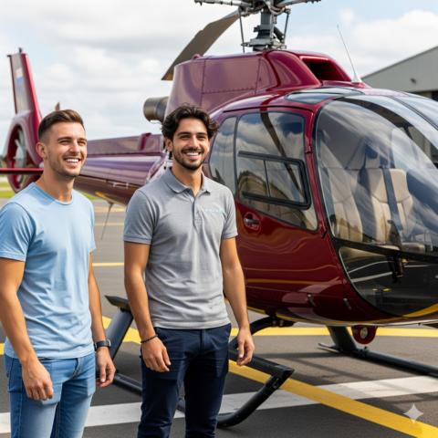 Zwei junge Piloten in lässiger Kleidung stehen lächelnd vor einem roten Hubschrauber auf einem Flugfeld, bereit für ihren Einsatz bei Rügen-Helikopter in der Saison 2026.