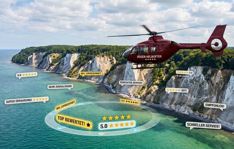 Roter Helikopter mit 5-Sterne Reviews Aufkleber fliegt bei Sonnenuntergang über Wald, Fluss und Felder in goldener Abendstimmung.