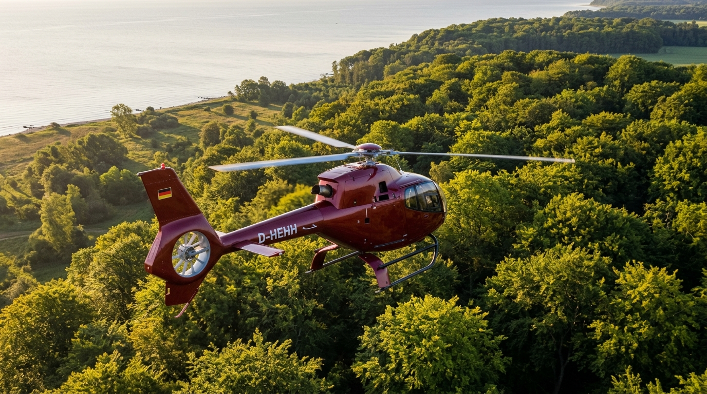 Helikopter &uuml;ber gr&uuml;nem Wald auf R&uuml;gen