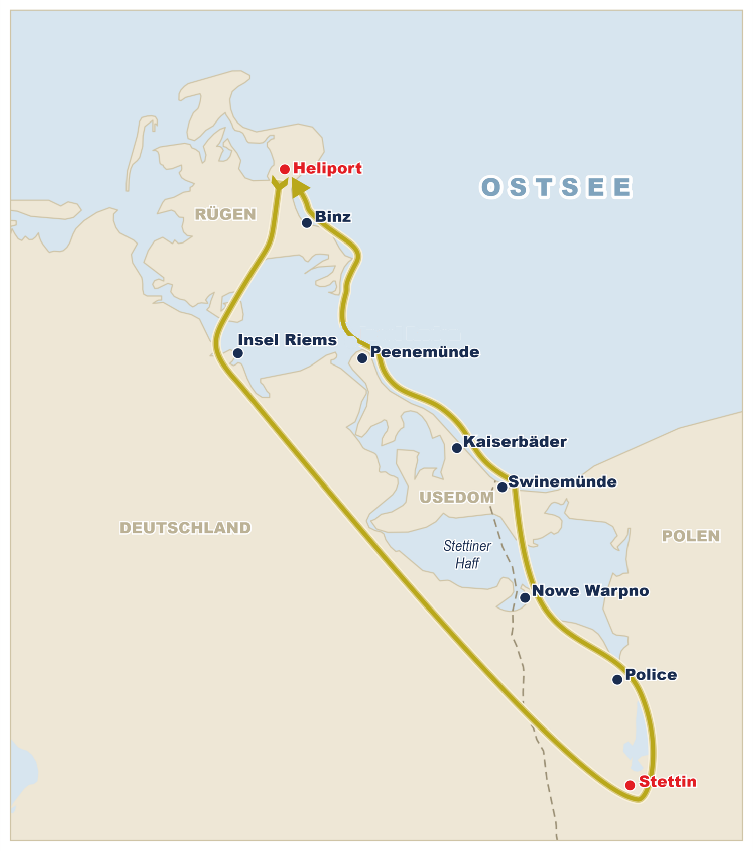 Flugroute der Stettin-Tour: Rügen über Usedom nach Stettin und zurück
